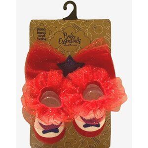 Baby Girls Patriotic Sparkle Headband And Socks Set Size 0-12M Red White Blue